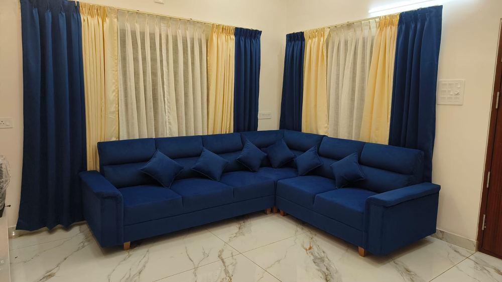 Navy blue sectional with matching curtains